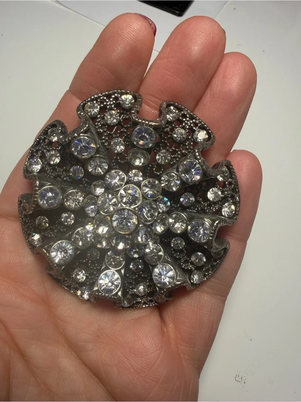 Rhinestone Floral Statement Brooch - Silver Tone